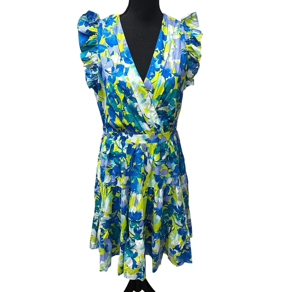Taylor Floral A-Line V-Neck Flutter Sleeve Cotton Mini Dress Size Large Pockets